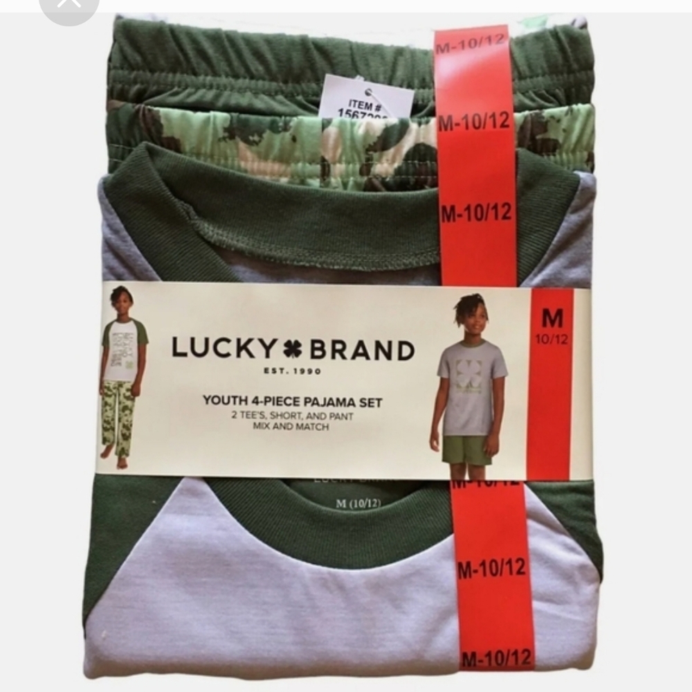 Lucky Brand New Boy's Size Medium 10/12 4 Pece PJ Set 2 Tee's Short & Pant